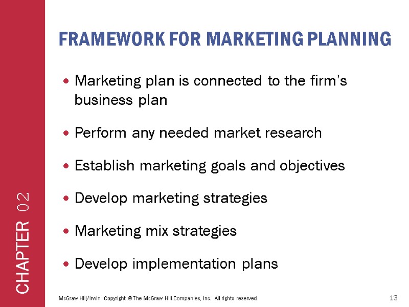 Framework for Marketing Planning Marketing plan is connected to the firm’s business plan Perform